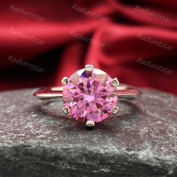 NEW Certified 3 ct. t.w. Pink Moissanite Solitaire 6 Prong Ring - Picture 1 of 8